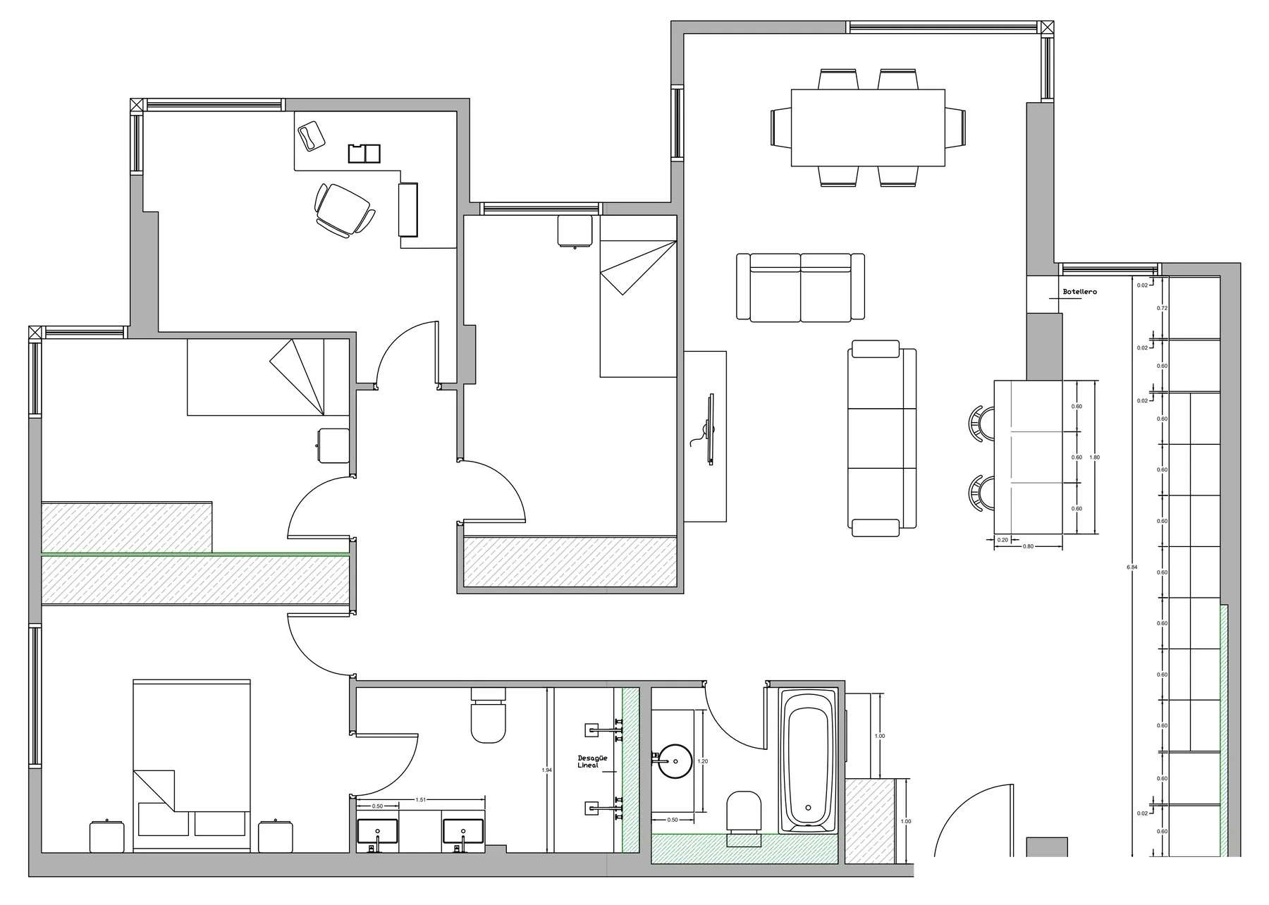 Plano del estado reformado, con la cocina y la barra junto al salón-comedor