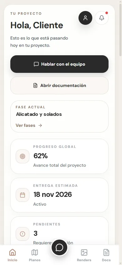 Pantalla de inicio de Verona Contigo: fase actual, progreso de la obra y entrega estimada