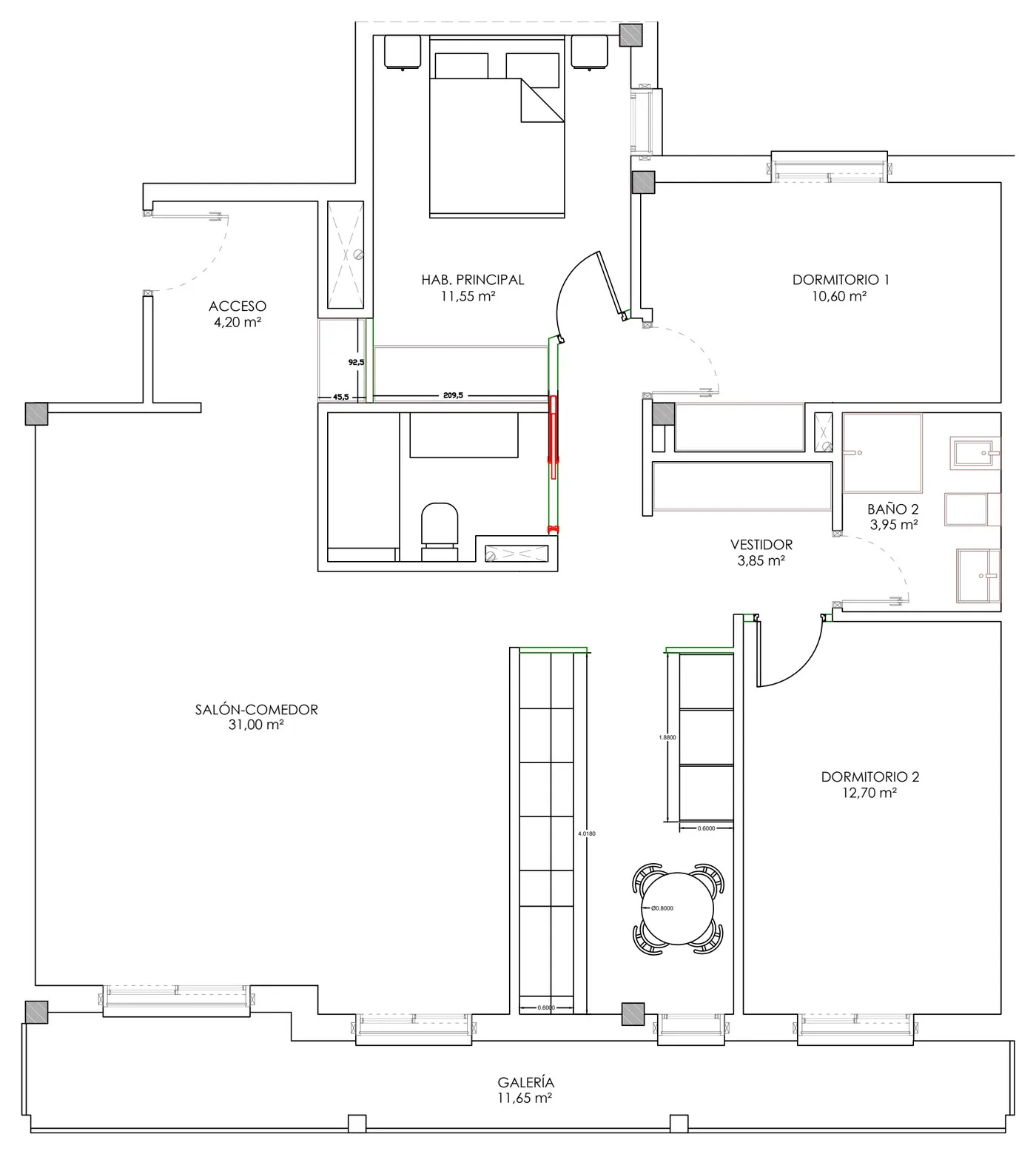 Plano de proyecto de una vivienda: distribución, mobiliario y superficie de cada estancia