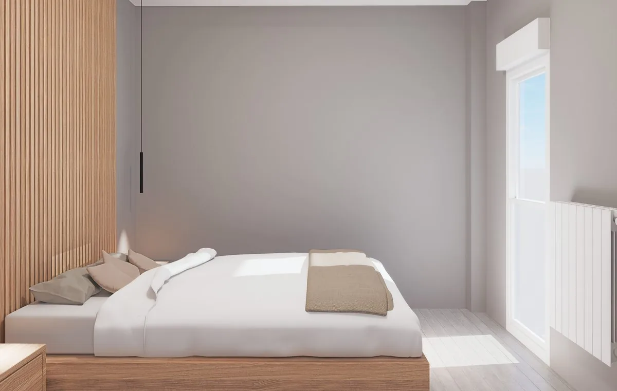 Diseño 3D de la habitación principal, con cabecero de listones de madera, armario y balconera