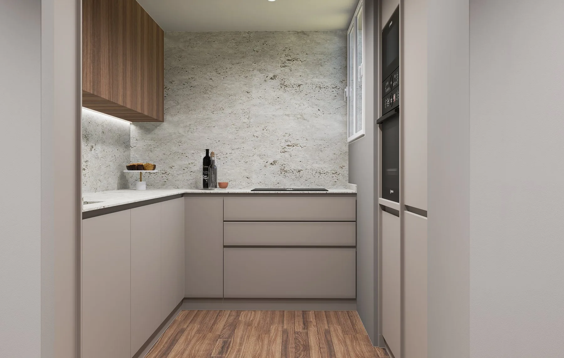 Estudio en 3D del frente de la cocina, con los muebles en columnas y la encimera en U