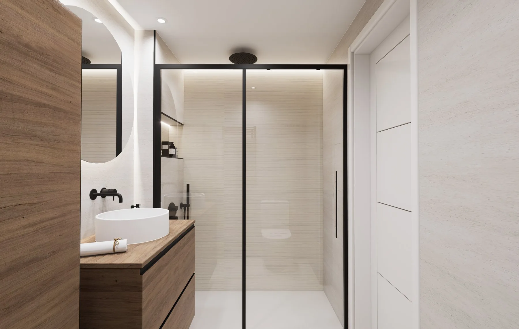 Render del baño de NM7: la ducha con mampara de perfil negro y rociador de techo