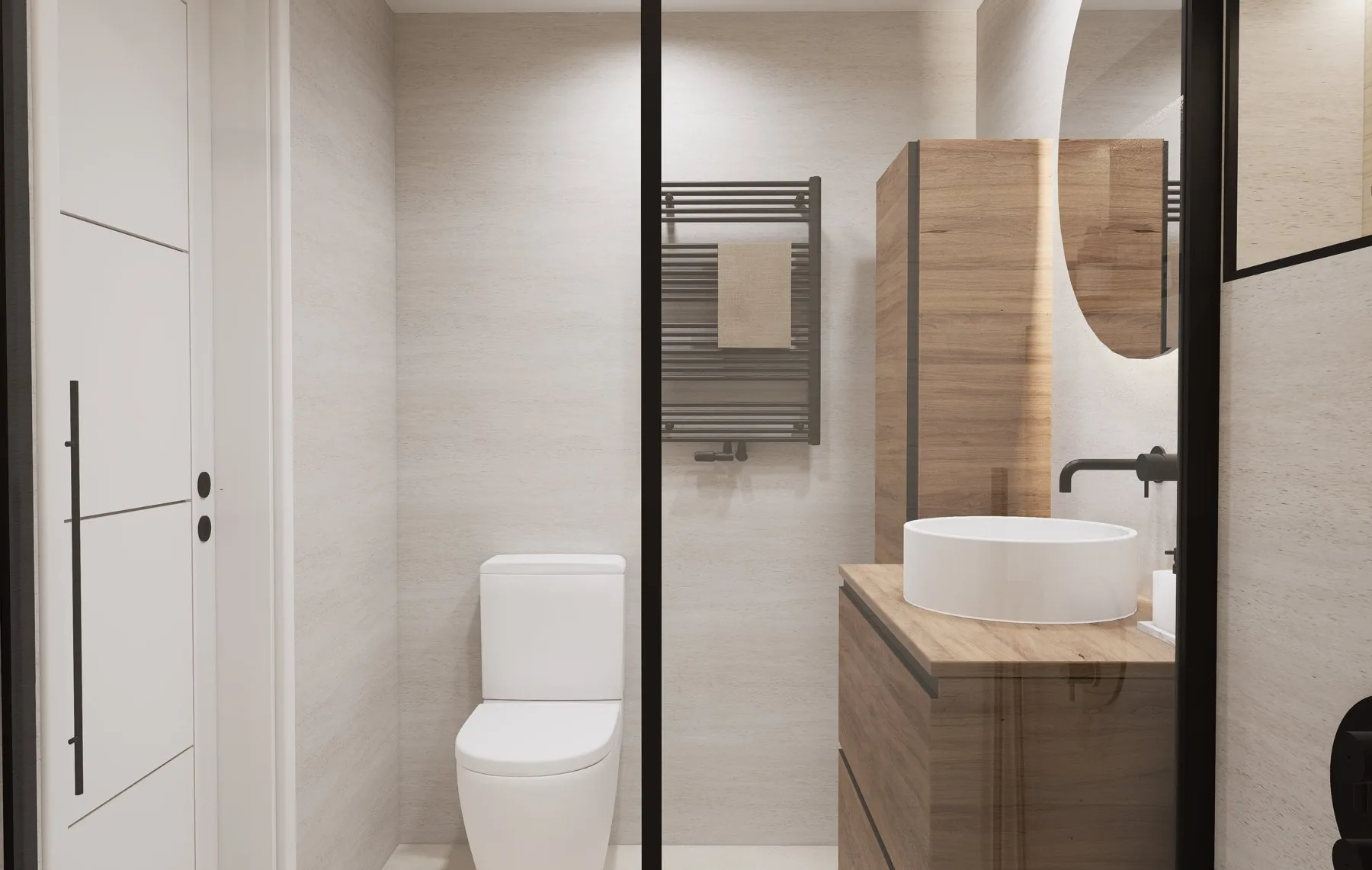 Render del baño de NM7 desde la entrada: la puerta corredera, el mueble con el lavabo sobre encimera y el alicatado veteado