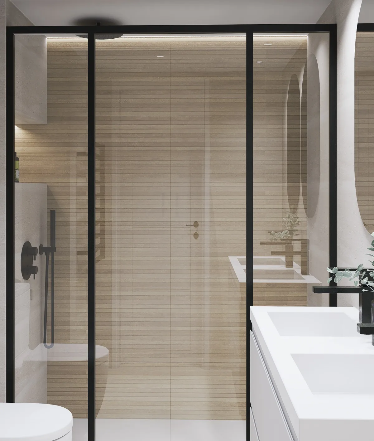 Proyecto 3D del baño EPB23 con gres ranurado y dos espejos ovalados