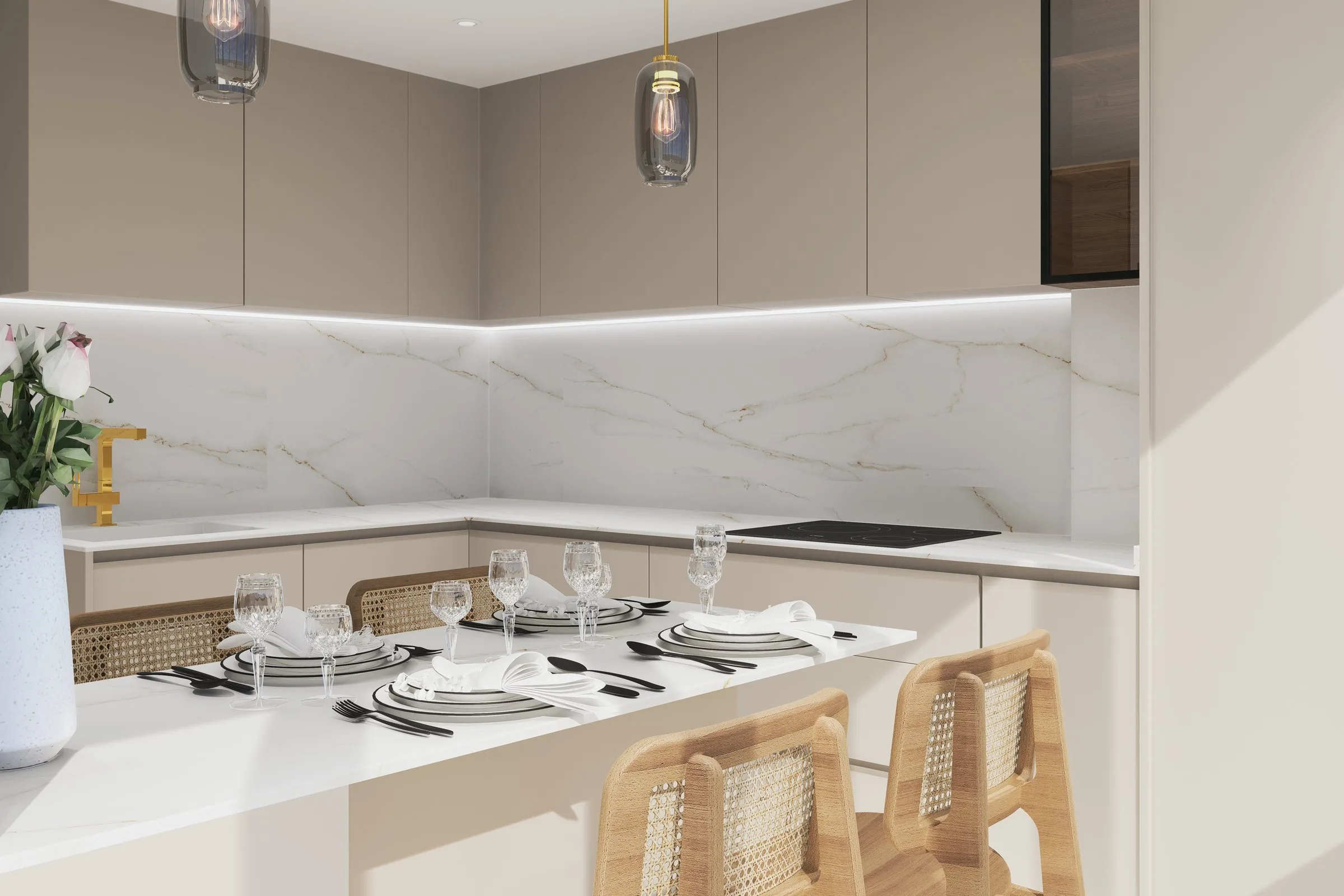 Render del proyecto de cocina: la península con la mesa puesta, los muebles taupe y la encimera de veta marmórea