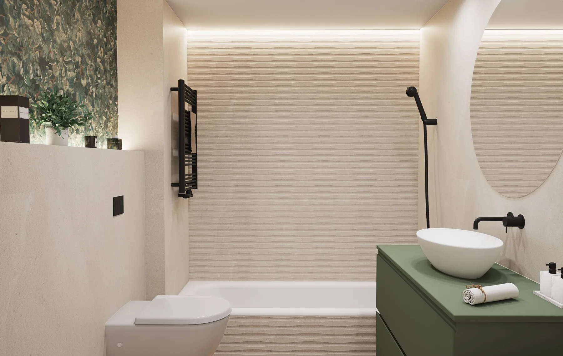Render aprobado del baño suite de PN17: la bañera bajo el panel de piedra ondulada, el mueble verde con lavabo ovalado y el espejo circular