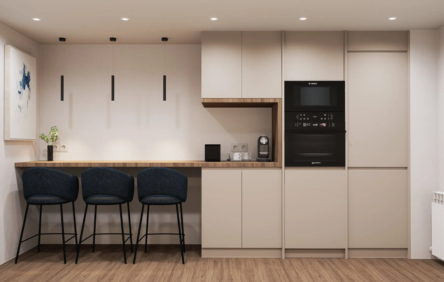 Render aprobado de la cocina de PN17: el desayunador volado en madera con tres taburetes bajo tres colgantes negros y la hornacina del café