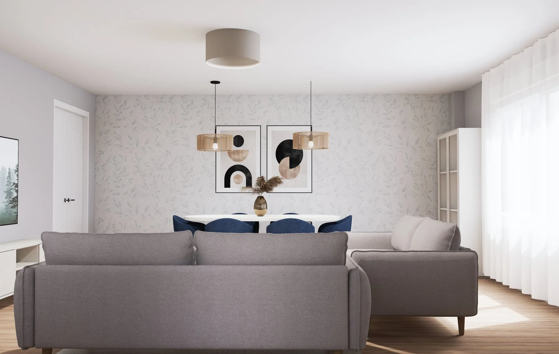 Render del proyecto de PN17: el salón-comedor entero, con la mesa, el papel pintado y la luz de la ventana, antes de construirse